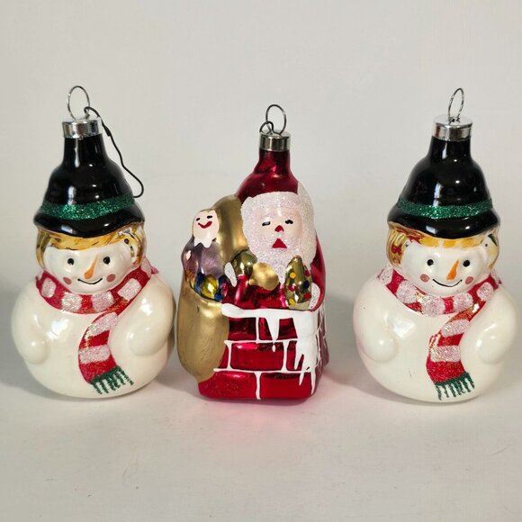 Other - Christmas Ornament Set Blown Glass Snowman Santa Claus Sparkles Multicolor Xmas